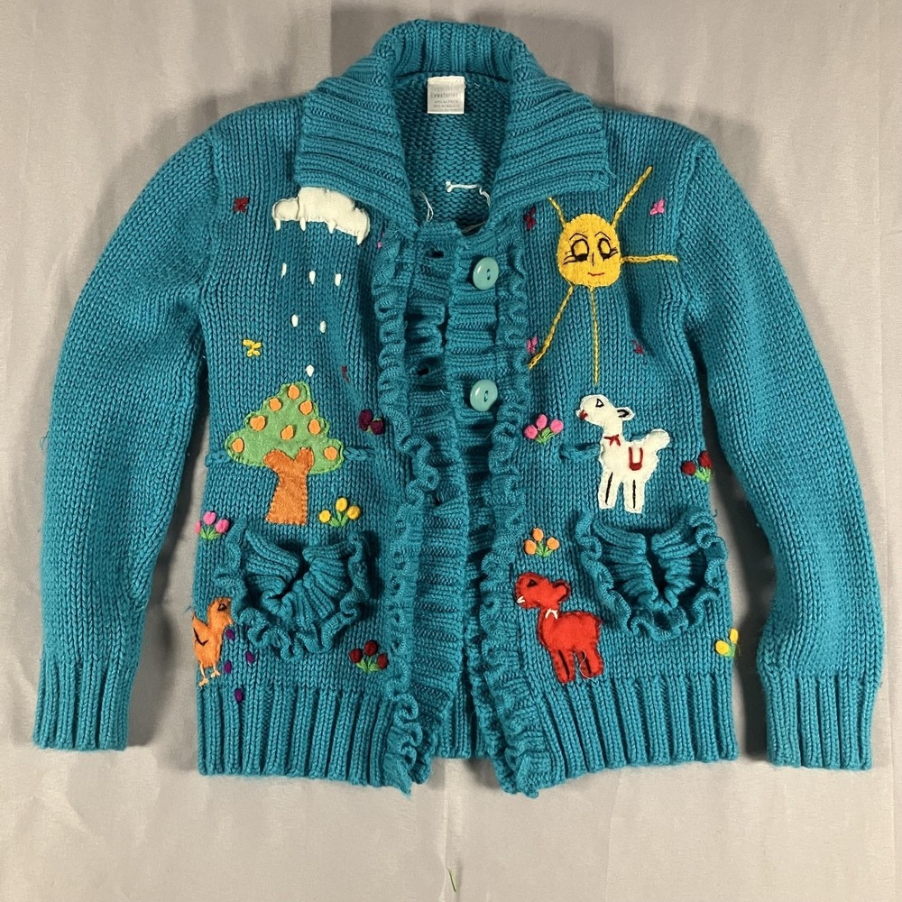 Alpaca‎ Made Peru Sweater Girls Small Blue Farm Animal Embroidered Knit Cardigan